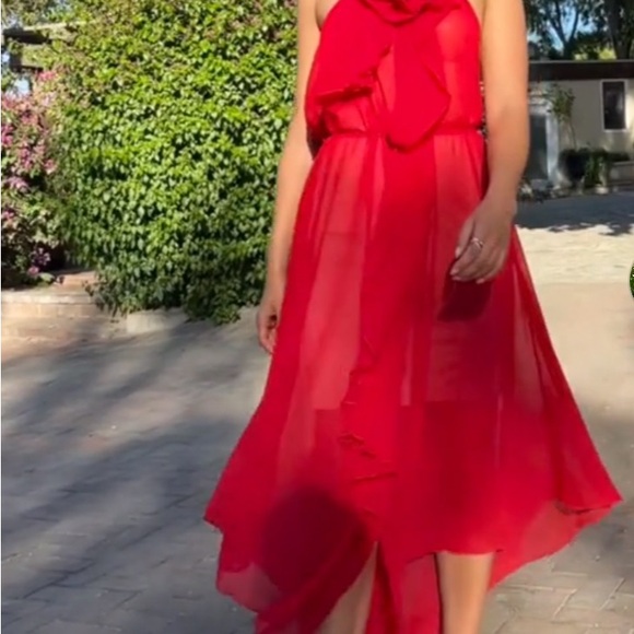 Red Flower Rose Rosette Halter High Low Chiffon Dress - Picture 6 of 6